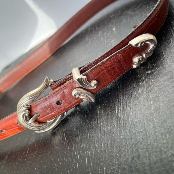 Vintage Croc Embossed Leather Belt 32.5–37" Western Silver Buckle - Picture 2 of 7